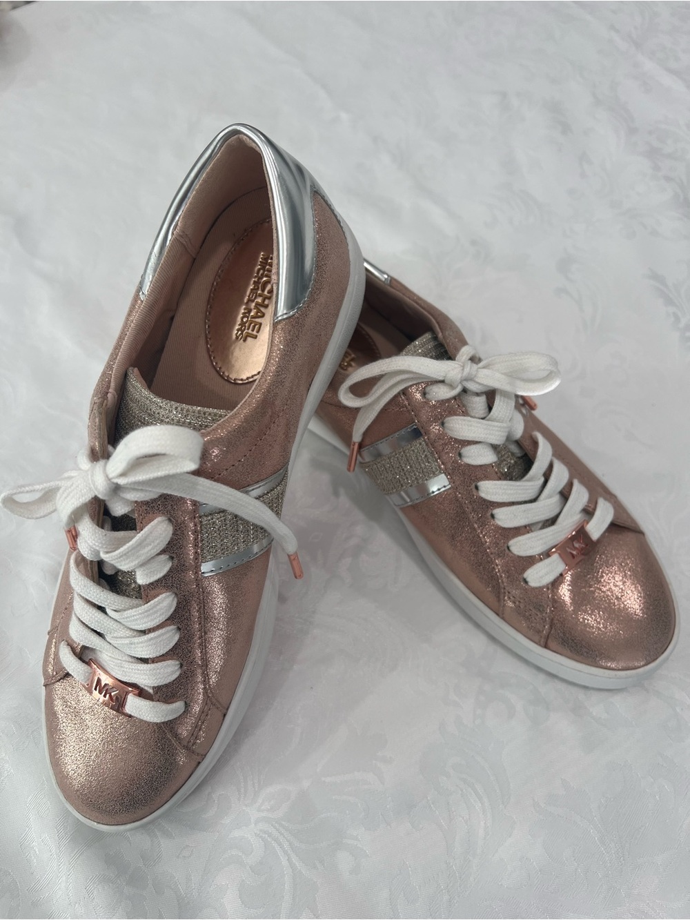 Michael Kors Rose Gold Metallic Low-Top Sneakers with Silver Accents